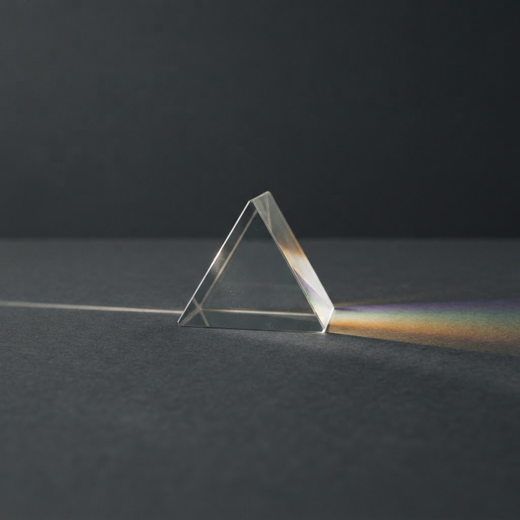 A glass prism refracting a beam of white light into a spectrum of color
