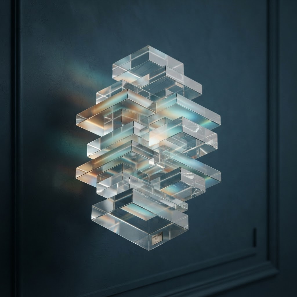 Abstract prism of translucent glass blocks refracting a spectrum of light